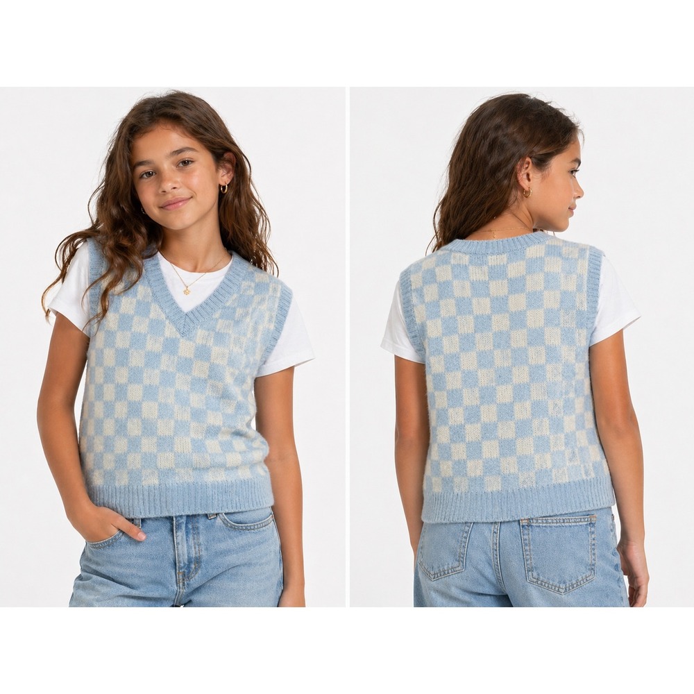 SHEIN Sweater Vest Kids S Blue Checkered V-Neck Sleeveless Knit Preppy Top